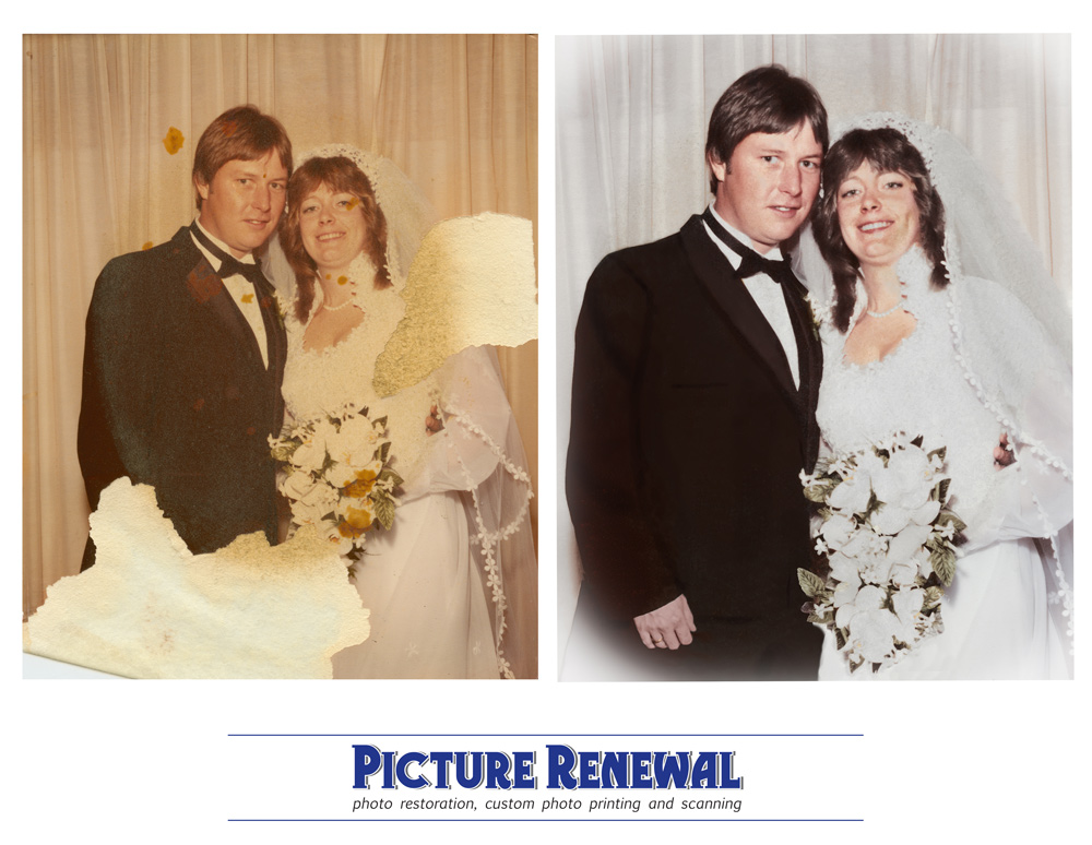  Picture Renewal Photo Restoration 1980s color print of wedding couple. Mold, mildew and water damaged restoration.