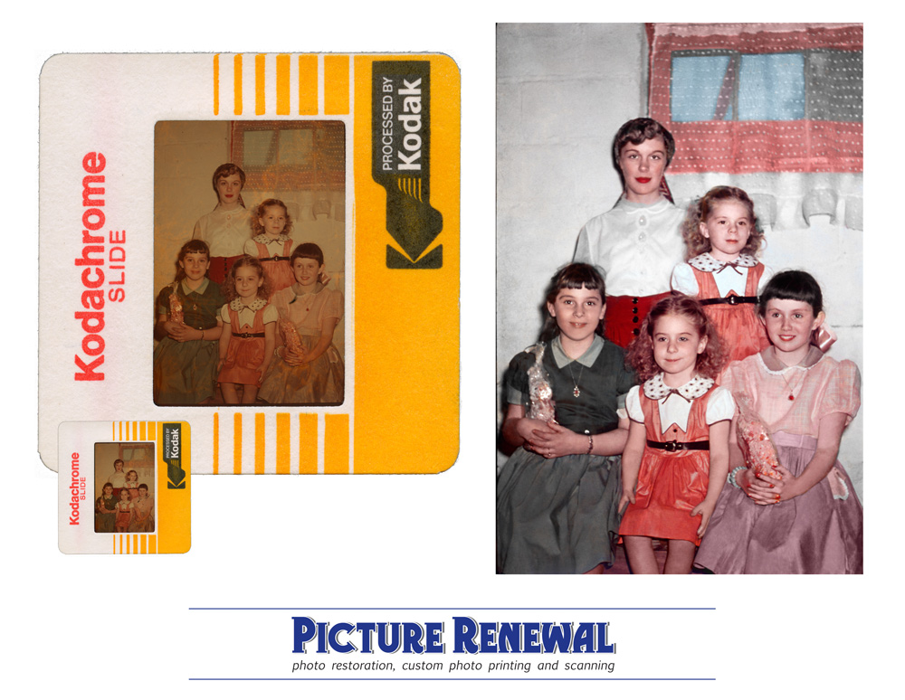Kodachrome slide scanned and restored. Portrait of 5 girls.
