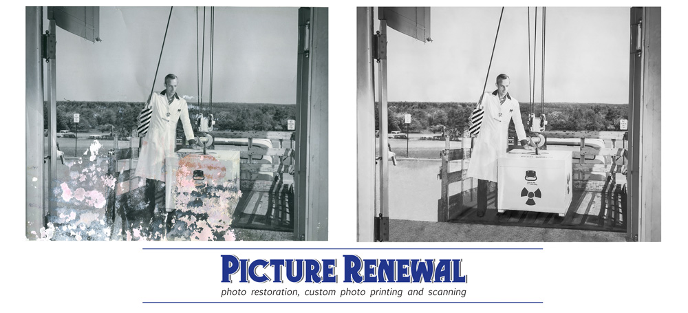  Picture Renewal Photo Restoration Black and white print of radioactive crate being unloaded. Extreme mold damage. Missing emulsion added with restoration.