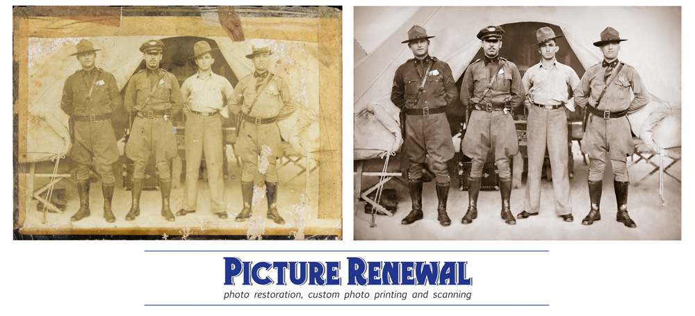  Picture Renewal Photo Restoration Police at camp. c.1930. Extreme damaged fixed and restored and reprinted.