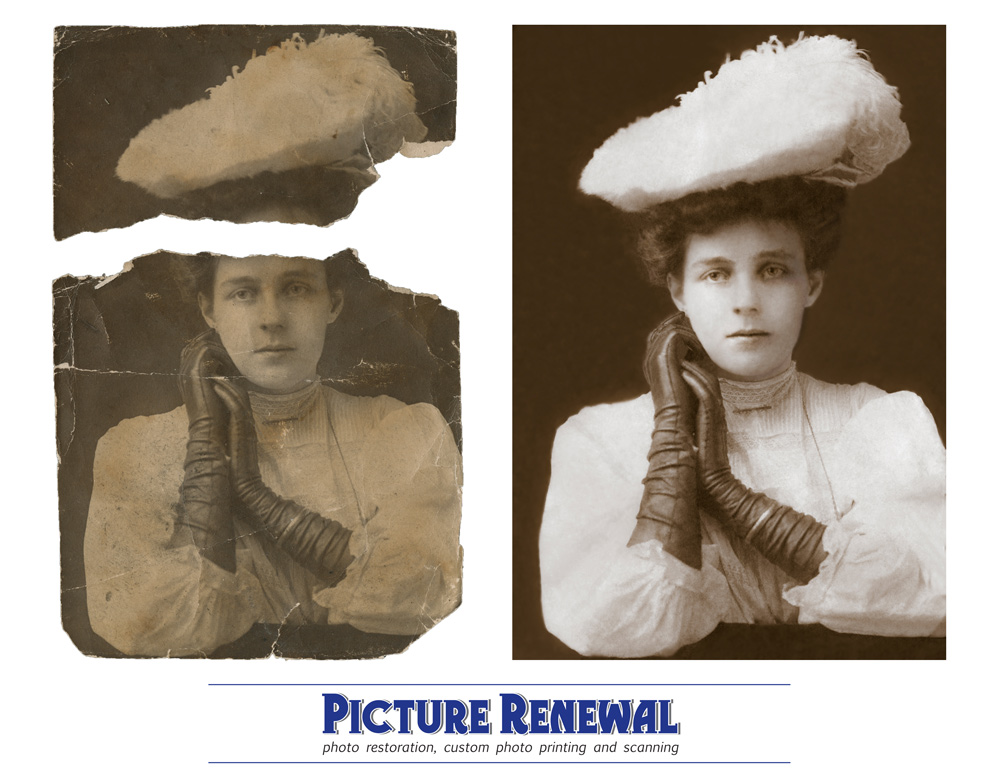  Picture Renewal Photo Restoration Victorian Finery. Albumen Studio portrait of woman in hat, c.1920. 2 pieces merged and restored.