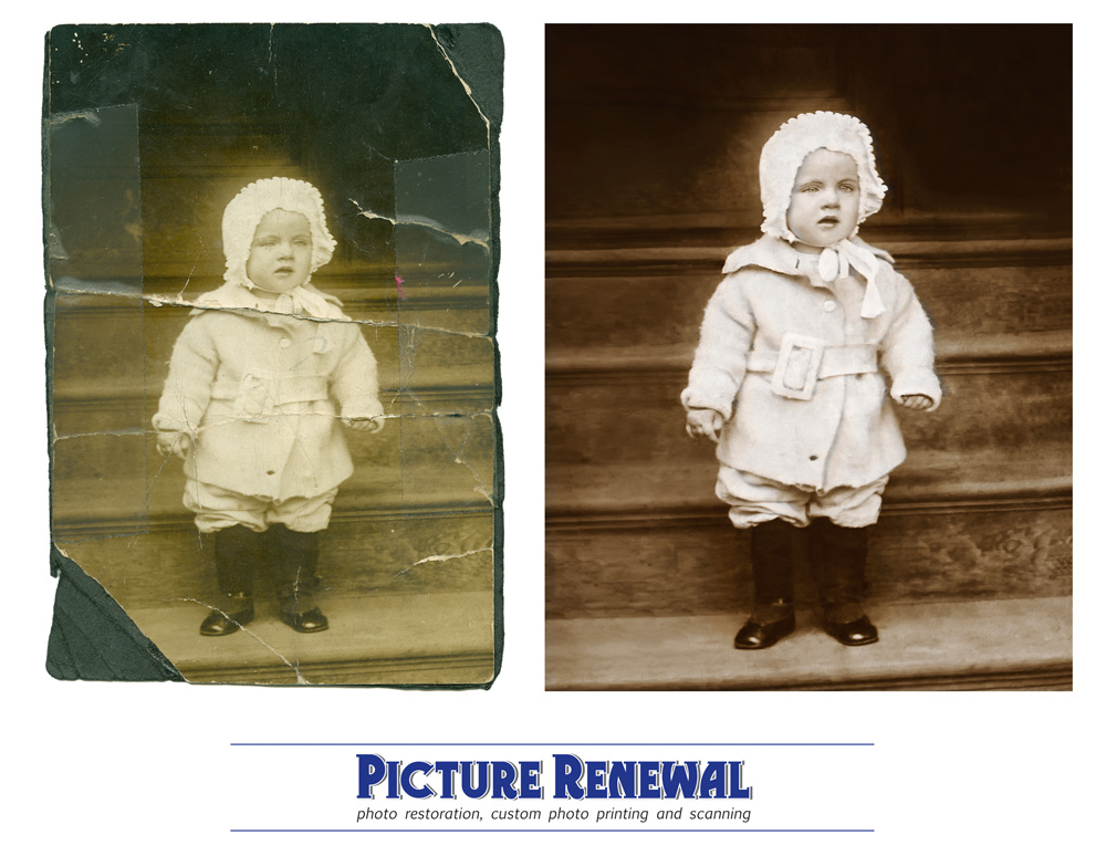 Child on stairs, c.1920. Repaired cracks, tape, dirt, fading, etc.