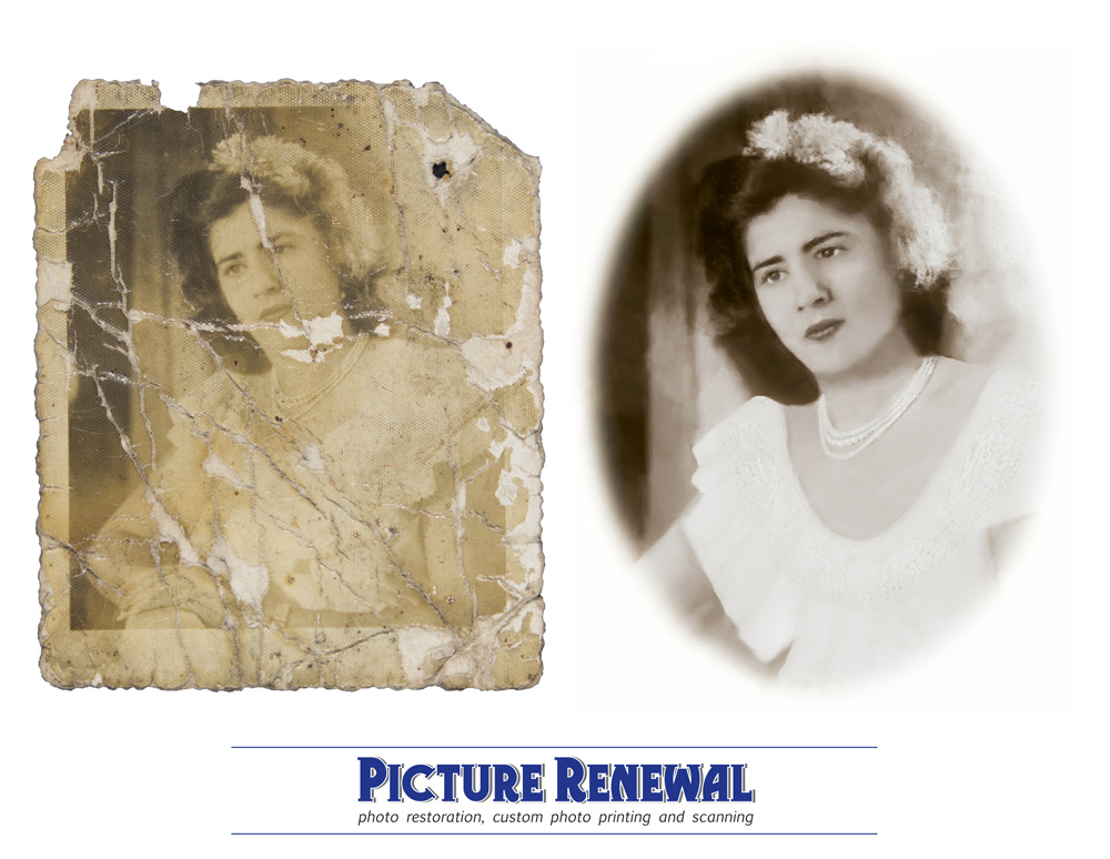  Picture Renewal Photo Restoration Pebble Surfaced print Portrait Extreme Damage Restored and vignette added