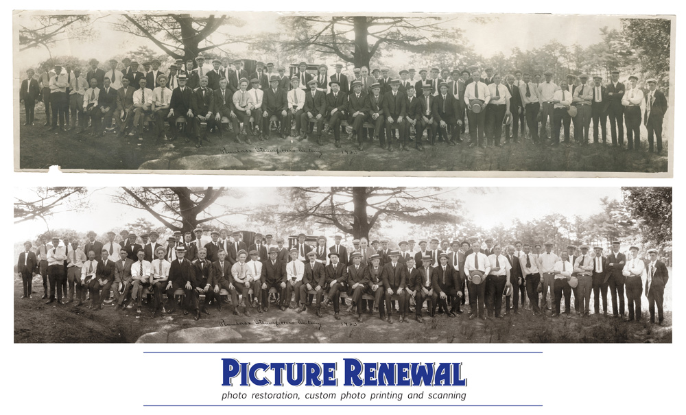 Tailors Convention and Picnic. Faded and dirty black and white panorama restored.