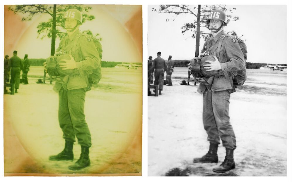 Picture Renewal Photo Restoration Faded and stained black and white print Paratrooper